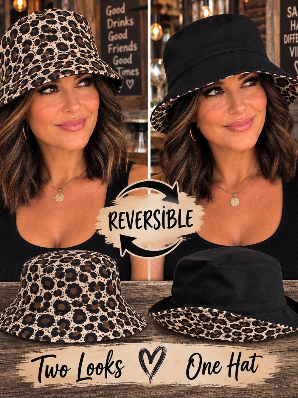 Reversible Leopard Print & Black Bucket Hat - Women